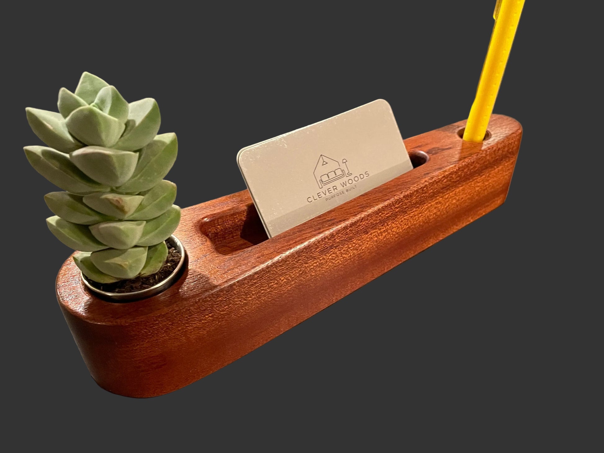 Solid sapele wood desk caddy with stainless planter cup, card slot, and pen holder