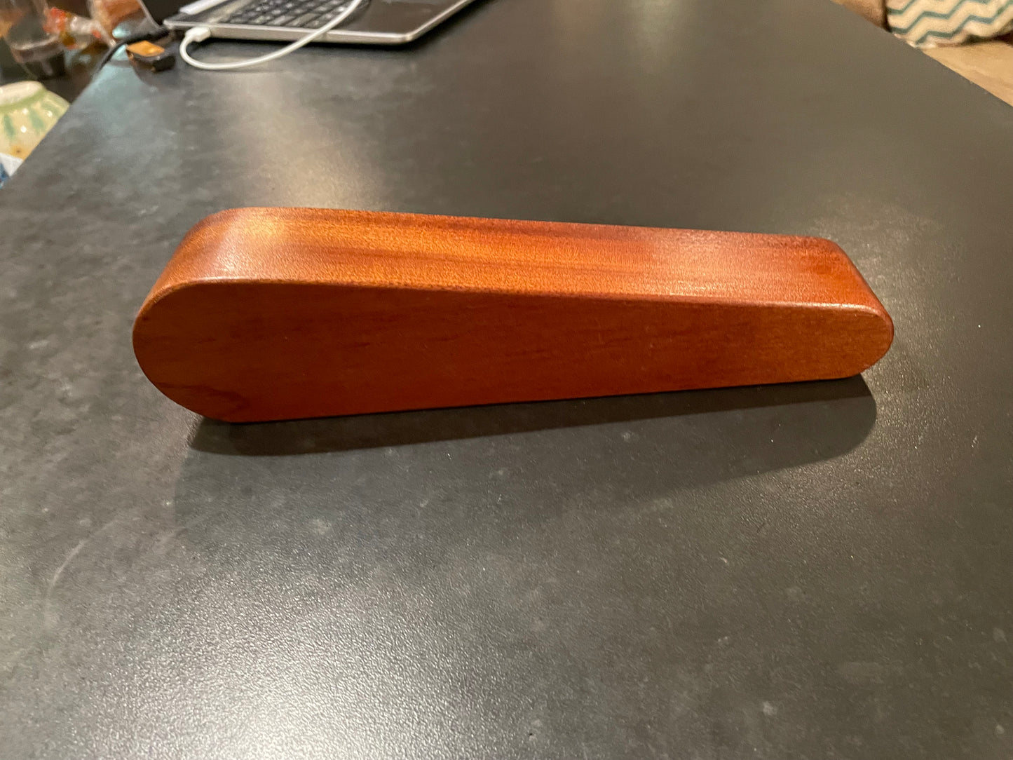 Solid sapele wood desk caddy with stainless planter cup, card slot, and pen holder