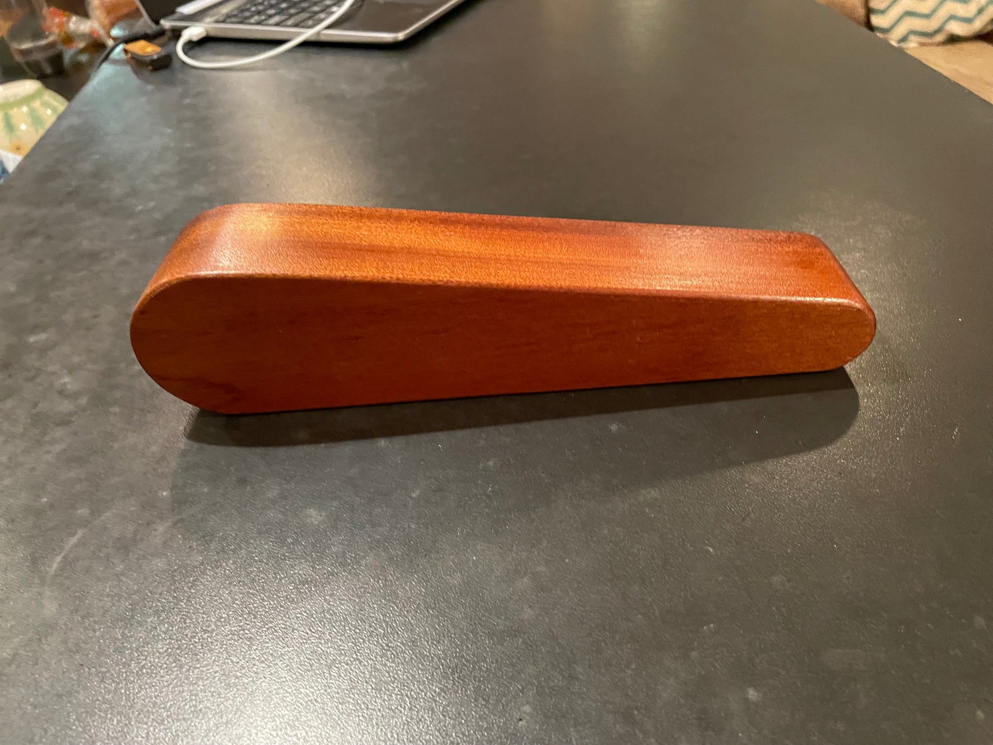 Solid sapele wood desk caddy with stainless planter cup, card slot, and pen holder