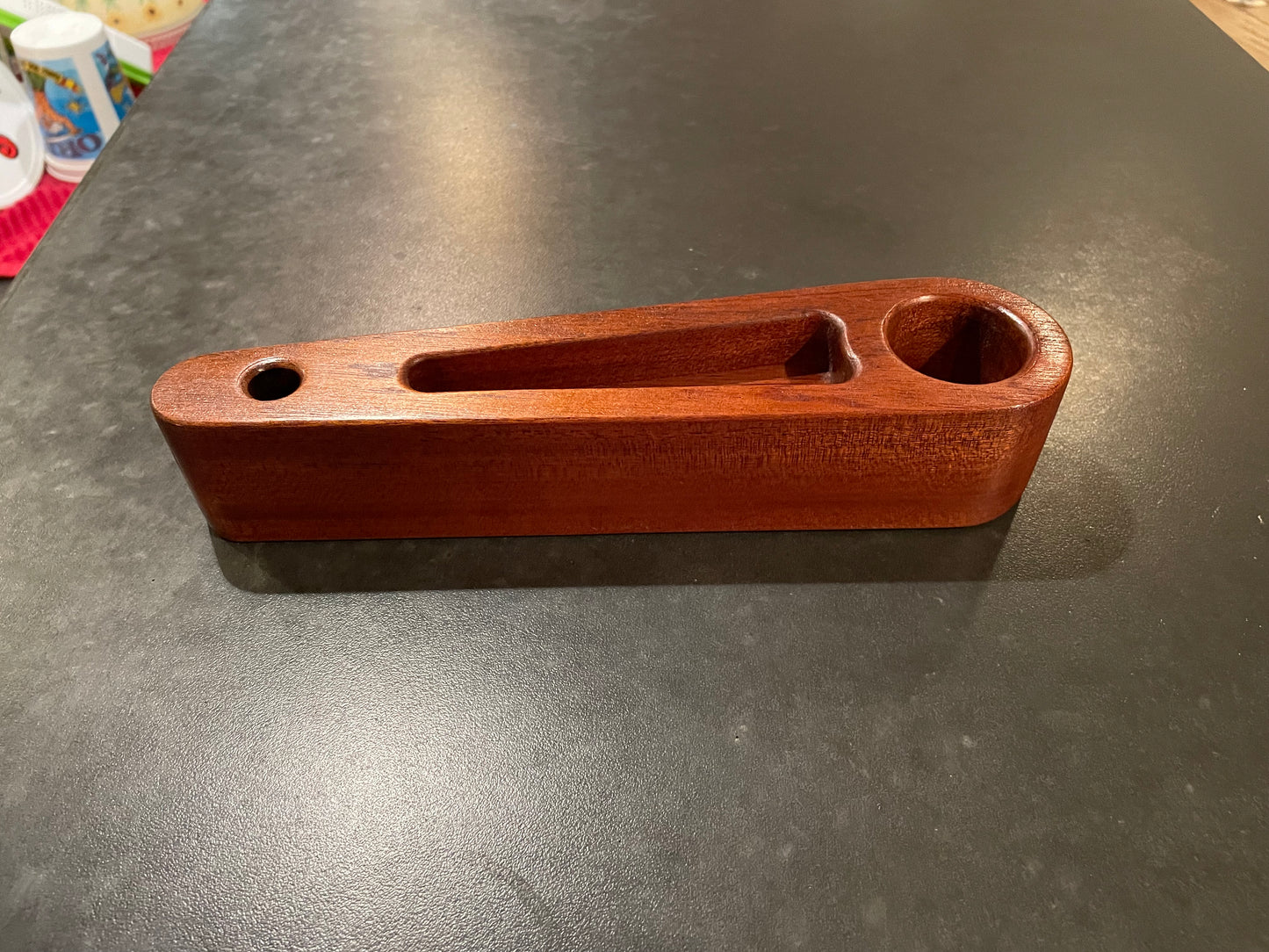 Solid sapele wood desk caddy with stainless planter cup, card slot, and pen holder