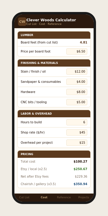 Clever Woods Project Calculator