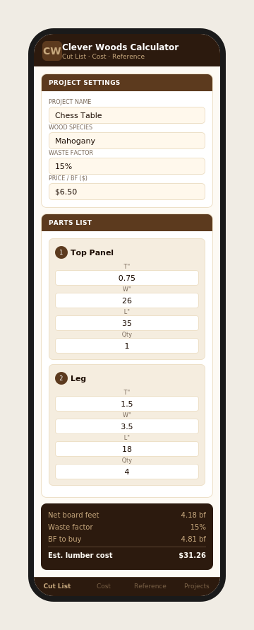 Clever Woods Project Calculator