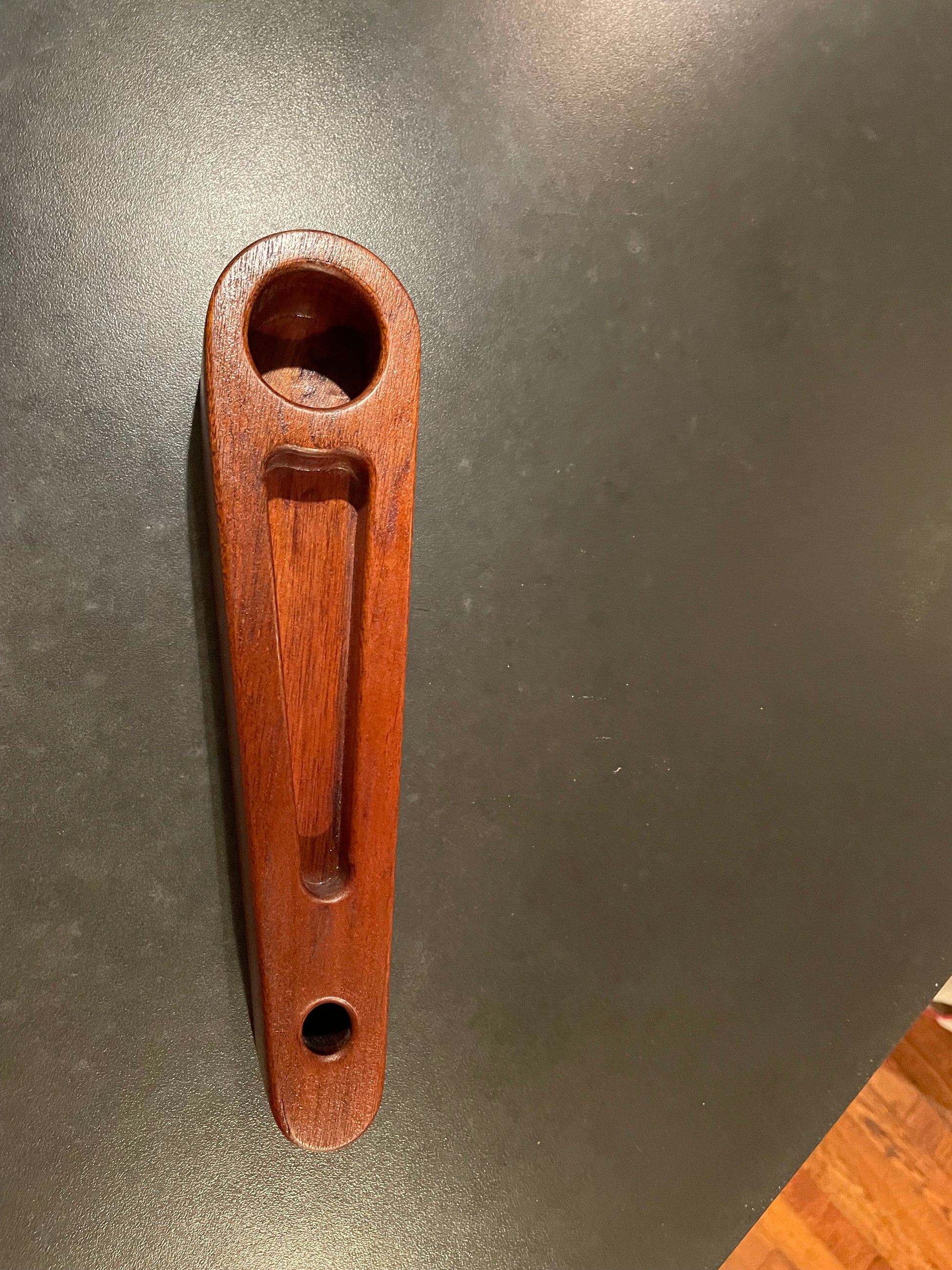 Solid sapele wood desk caddy with stainless planter cup, card slot, and pen holder